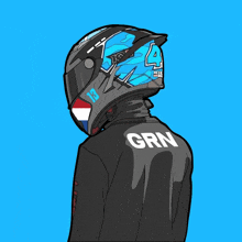 a drawing of a person wearing a helmet that says grn on the back