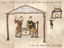 a drawing of a man sitting under a canopy with the words phillip i swear if you sit on my rare pizza