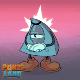 a cartoon character is standing in front of a pink background that says pony land on it