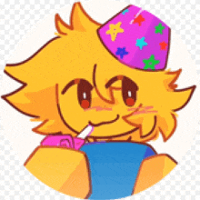 a cartoon drawing of a yellow cat wearing a party hat and holding a lollipop .