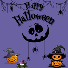a purple background with spiders and pumpkins and the words happy halloween