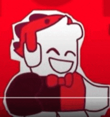 a cartoon character wearing a bow tie and holding a microphone on a red background .