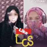 a woman wearing a hijab and headphones has a like lgs sticker next to her