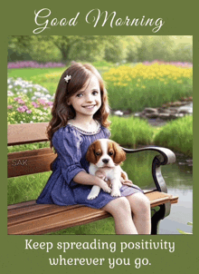 a little girl sitting on a bench holding a puppy with the words good morning