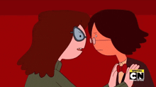 a couple of cartoon characters standing next to each other with a special cn logo on the bottom