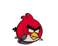 a red angry bird is holding a microphone