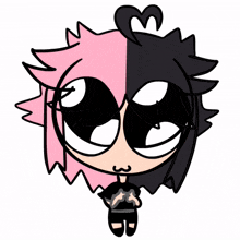 a cartoon character with pink and black hair and a heart on her head