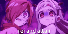 a couple of anime characters standing next to each other with the words rei and altair written on the bottom .