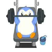 a penguin is squatting with a barbell on a bench