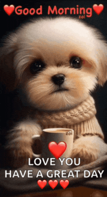 a picture of a puppy holding a cup of coffee with the words " love you have a great day "