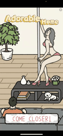 a screenshot of adorable home shows a pole dancer and a man on a couch