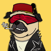 a pug dog wearing a red hat and sunglasses smoking a cigarette