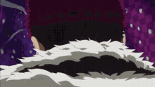 a cartoon character is laying on a bed with a purple and black background .