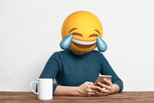 a man is sitting at a table with a laughing emoji on his face and a cup of coffee .