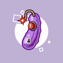 a cartoon illustration of a purple pickle with a red button and an exclamation point