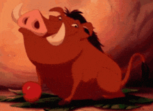a cartoon pig is sitting on a leaf with an apple in its mouth
