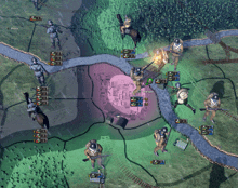 a screenshot of a video game with soldiers and horses and a pink circle that says warsaw on it