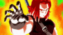 a person with red hair is holding a sword in their hand in front of a yellow background .