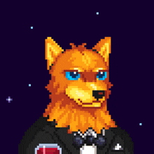 a pixel art of a dog wearing a tuxedo and bow tie holding a glass of wine