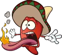 a cartoon illustration of a hot pepper wearing a sombrero and sticking out its tongue