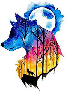 a watercolor painting of a wolf howling at the moon in the woods .