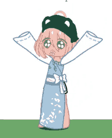 a drawing of a girl with pink hair wearing a frog hat