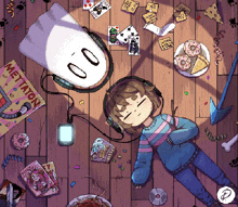 a pixel art drawing of a girl laying on the floor with a mettaton magazine