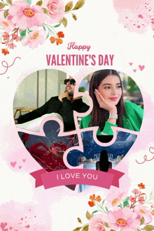 a happy valentine 's day greeting card with puzzle pieces in the shape of a heart and flowers