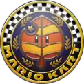 a mario kart logo with a leaf and a star in the center .