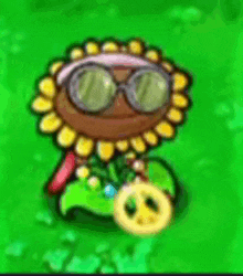 a cartoon sunflower wearing sunglasses is sitting on top of a green leaf .