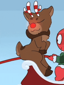 a cartoon of a reindeer with candy canes on its antlers being pulled by another reindeer