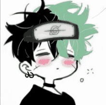 a black and white drawing of a boy with green hair and a headband on his head .