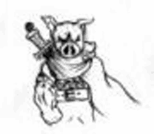 a black and white drawing of a pig with a sword and a camera .