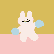 a drawing of a white bunny with blue pom poms in its hands