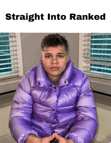 a man in a purple jacket sits in front of a window with the words straight into ranked above him