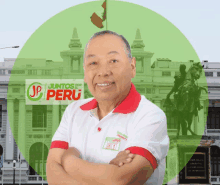 a man stands in front of a sign that says juntos por perú