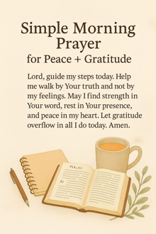 a simple morning prayer for peace and gratitude with an open book and a cup of coffee