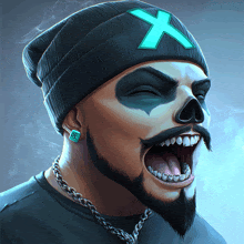 a man with a skull painted on his face is wearing a beanie with a blue x on it