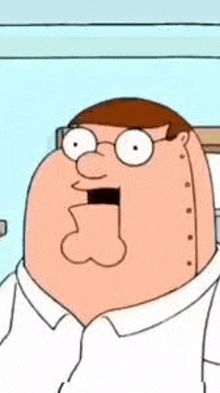 peter griffin from family guy is wearing glasses and a white shirt and is making a funny face .