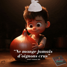 a cartoon boy holding an onion with a quote from sihot haran 265 on the bottom