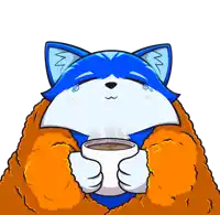 a cartoon drawing of a blue and white cat holding a cup of coffee