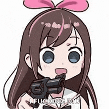 a cartoon girl with a pink bow is pointing a gun at the camera .