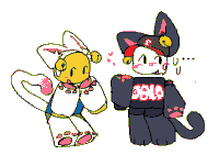 a drawing of a bunny and a cat with the letters p and r on their hats