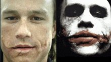 a close up of a man 's face next to a close up of a joker face