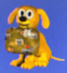 a pixelated image of a dog holding a bag with the letter o on it