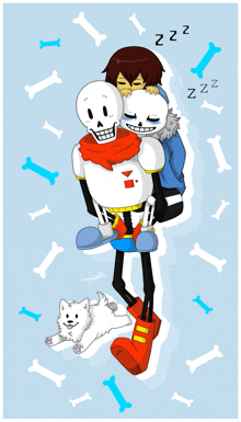 a drawing of a boy carrying two skeletons and a dog with the letters zzz visible