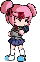 a cartoon girl with pink hair is standing with her arms crossed and holding a microphone in her hand .