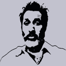 a black and white drawing of a man with a beard wearing a white shirt