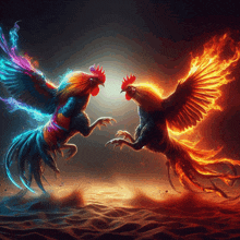 a painting of two roosters fighting with fire and water coming out of their wings