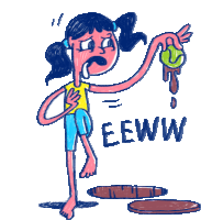 a cartoon of a girl holding a tennis ball with the word eeww written below her